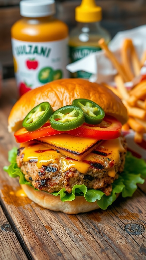 Grilled jalapeño cheddar turkey burger on a wooden table with toppings and side fries.