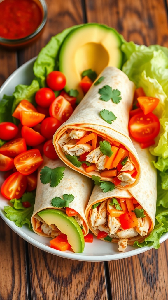 Spicy Southwest chicken wraps filled with avocado, chicken, and veggies, garnished with cilantro, on a rustic wooden table.
