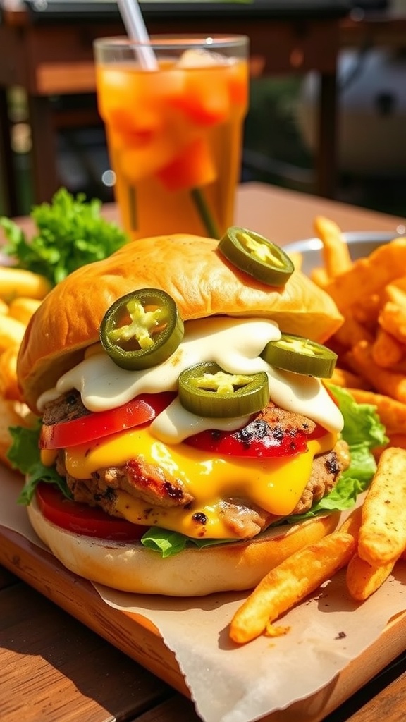 Grilled spicy jalapeño popper turkey burger with lettuce and tomato on a bun, served with fries.