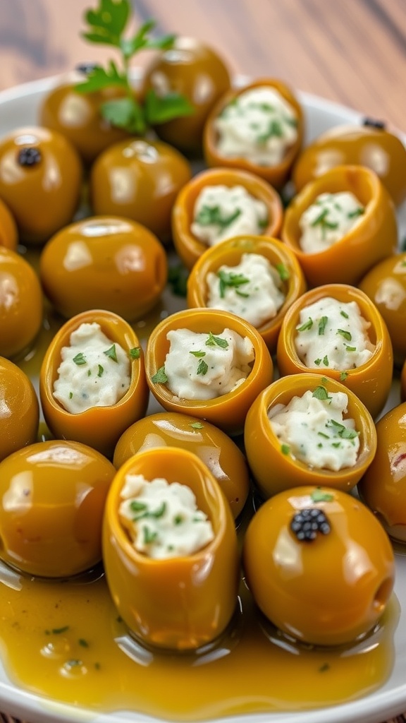 A platter of herb and cheese stuffed olives, garnished with fresh herbs and a drizzle of olive oil.