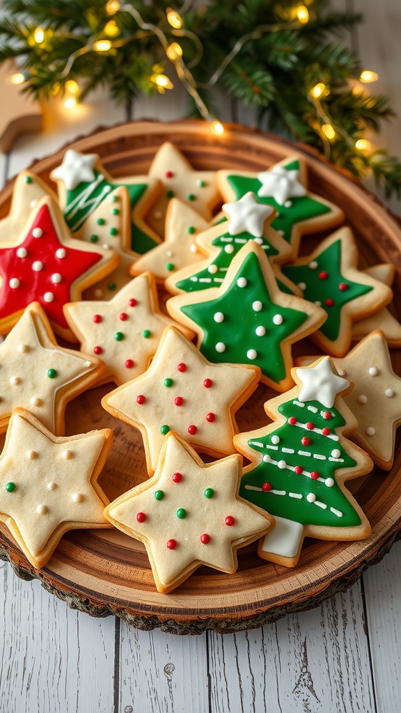 A festive display of holiday sugar cookies shaped like stars and trees, decorated with colorful icing and sprinkles.