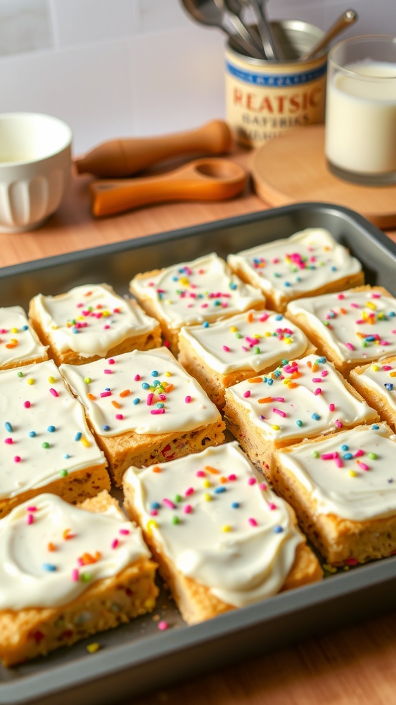 A tray of sugar cookie bars with frosting and sprinkles, cut into squares, on a rustic kitchen table.