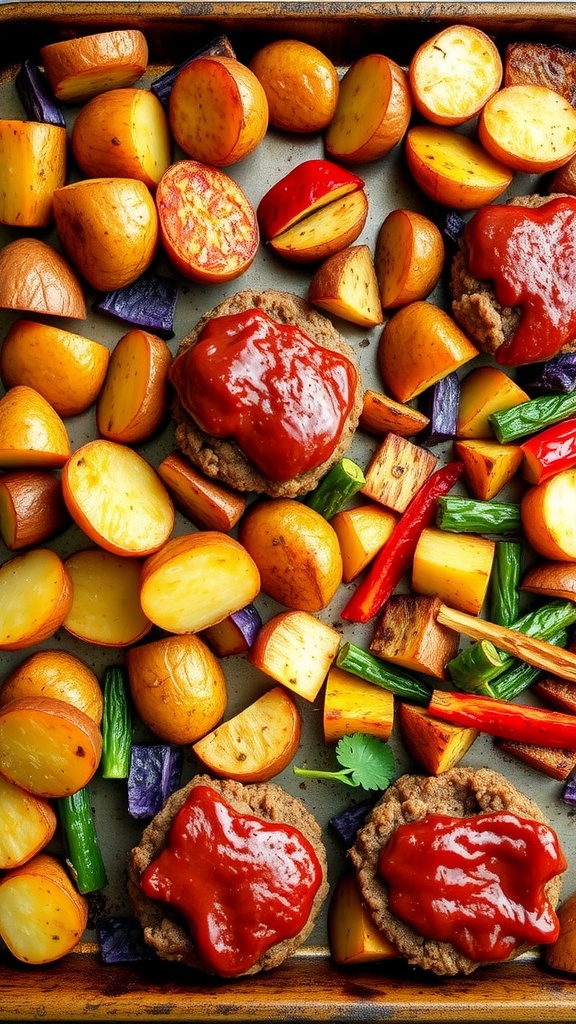 Sheet pan mini meatloaf with roasted potatoes and vegetables, garnished and ready to serve.