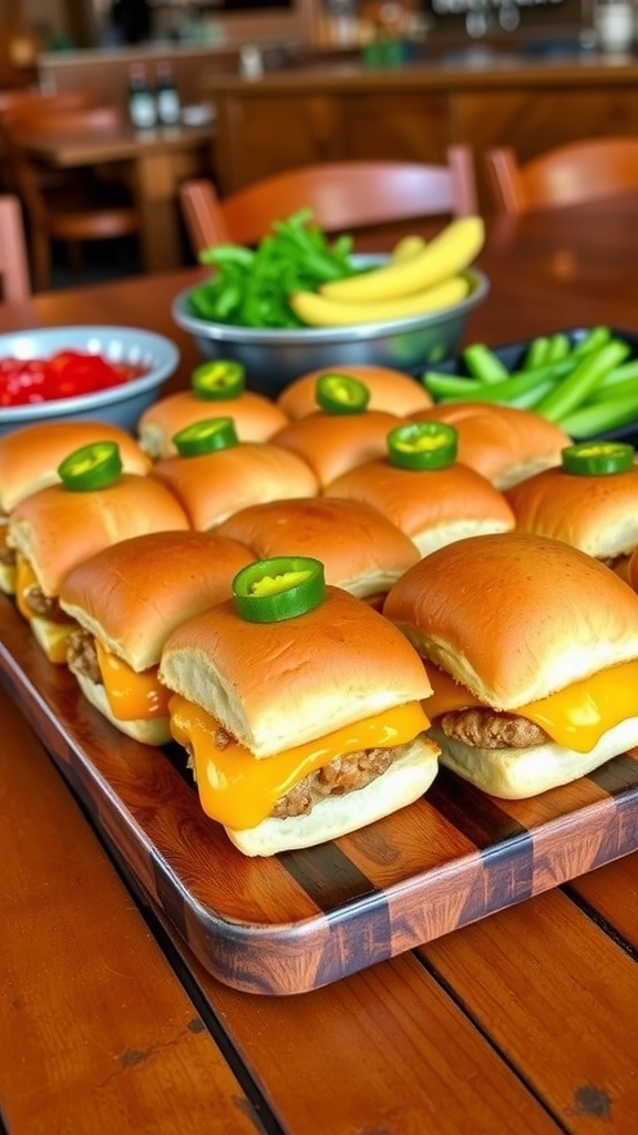 A platter of warm Spicy Italian Sub Sliders on Hawaiian rolls, garnished with banana peppers.