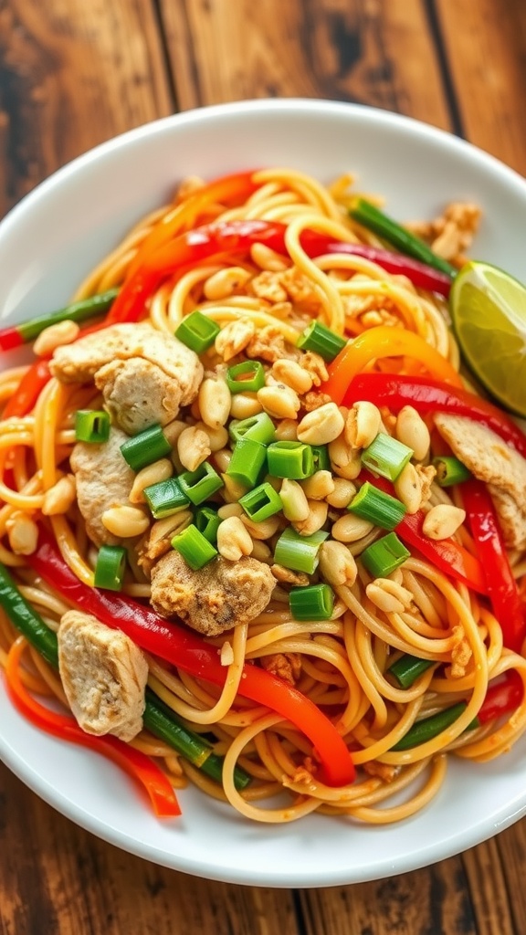 A colorful plate of Chicken Pad Thai with rice noodles, chicken, bell peppers, and garnished with peanuts and lime.