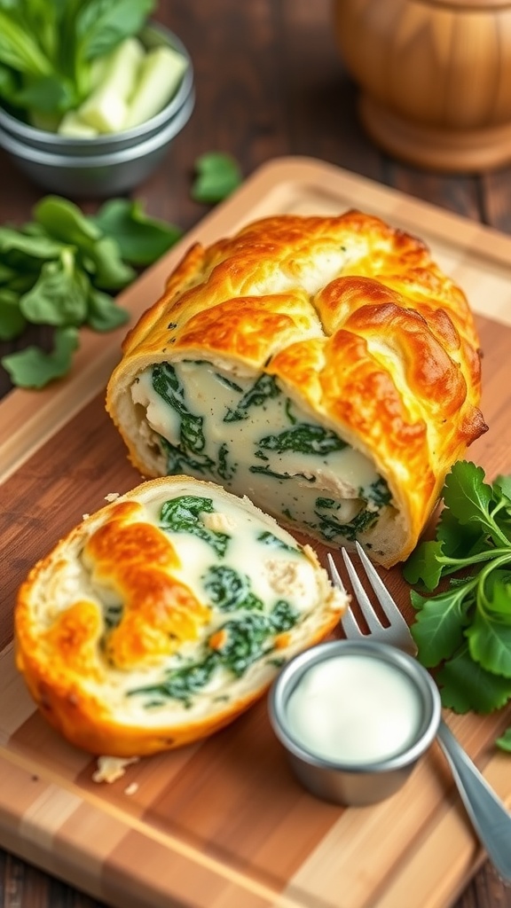 Sliced copycat Costco chicken bake with chicken and spinach filling on a cutting board.