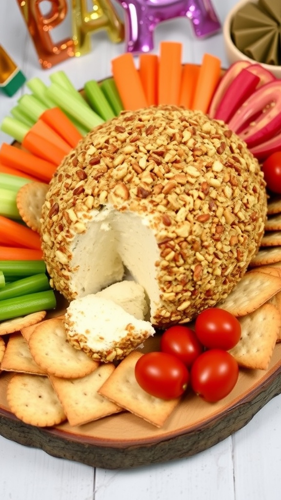 A cheesy ranch cheeseball surrounded by fresh veggies and crackers on a wooden platter.