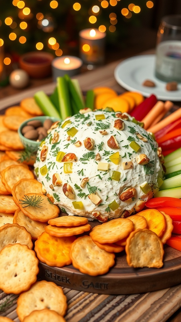 A dill pickle cheese ball on a platter with crackers and vegetables, garnished with nuts and dill.