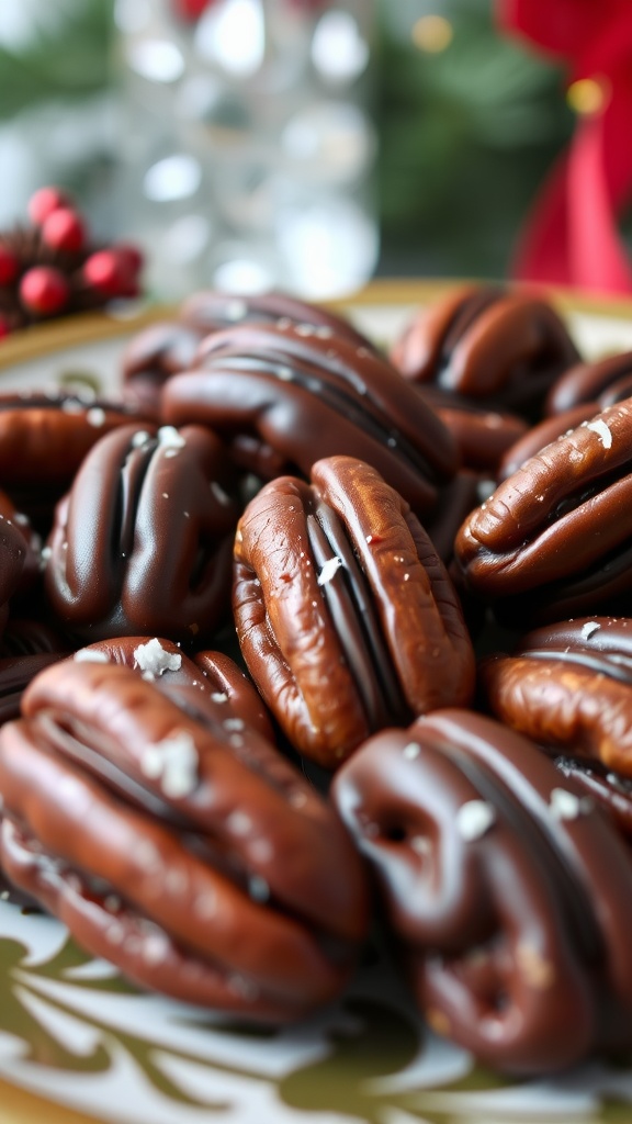 Chocolate covered pecans on a decorative plate with sea salt, surrounded by festive decorations.