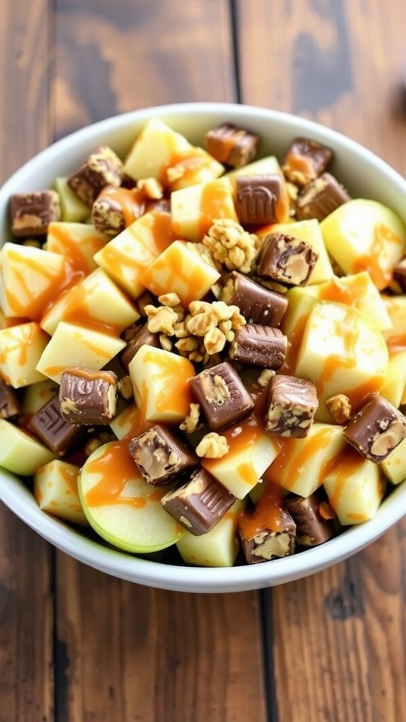 A colorful bowl of Snickers Salad with apples, Snickers bars, and caramel sauce, garnished with nuts.