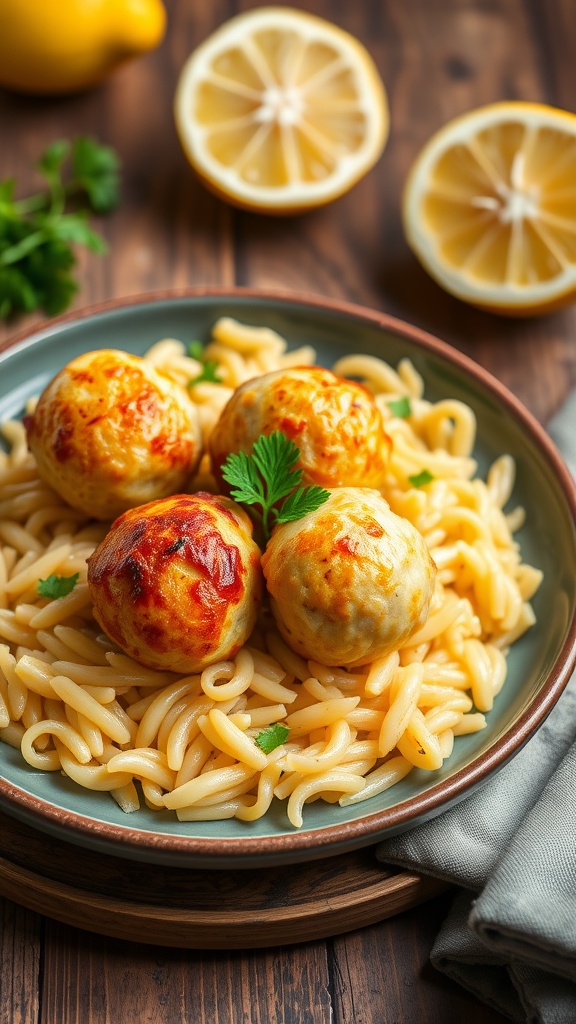 Lemon chicken ricotta meatballs on a plate with garlic orzo and parsley garnish.
