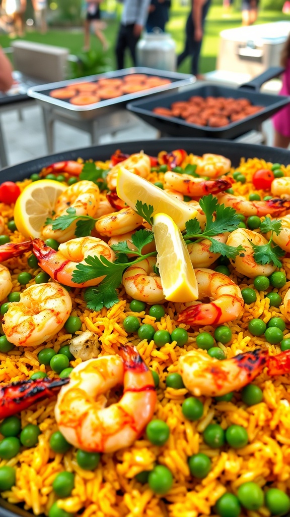 A colorful grilled paella with shrimp, chicken, and peas garnished with parsley and lemon, served outdoors.