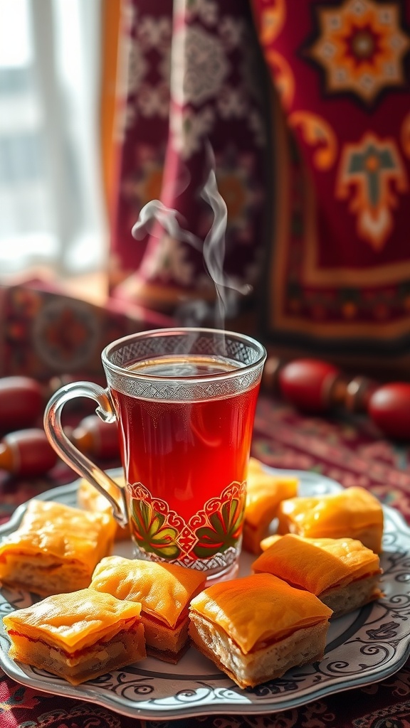 A traditional Turkish tea glass filled with steaming tea, accompanied by a plate of baklava on a decorative table.