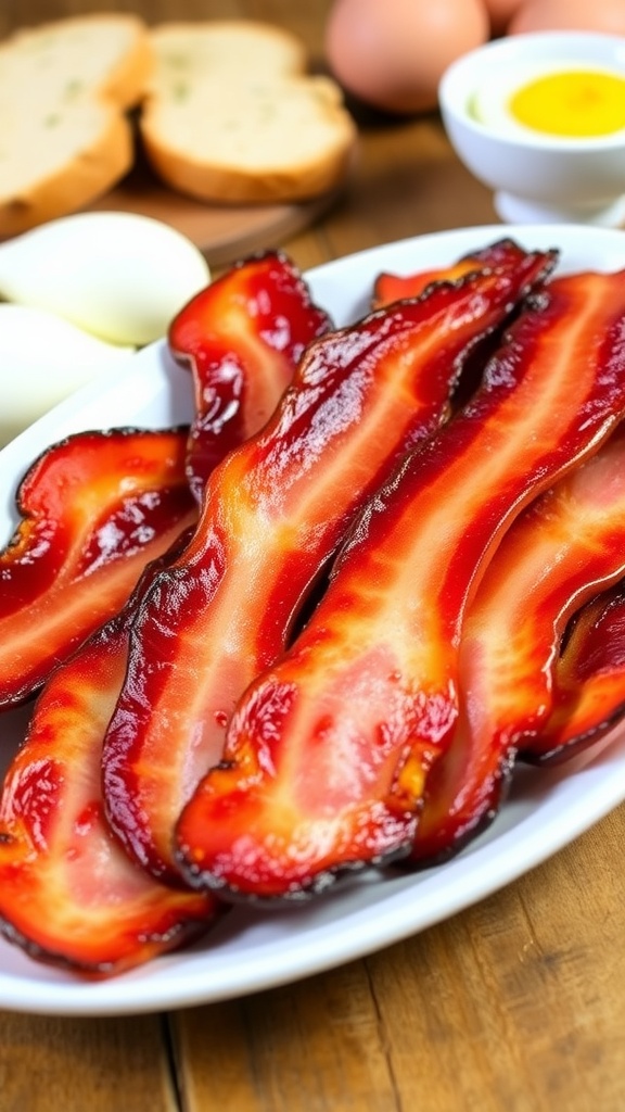 Plate of crispy oven baked bacon on a wooden table, with eggs and toast in the background.