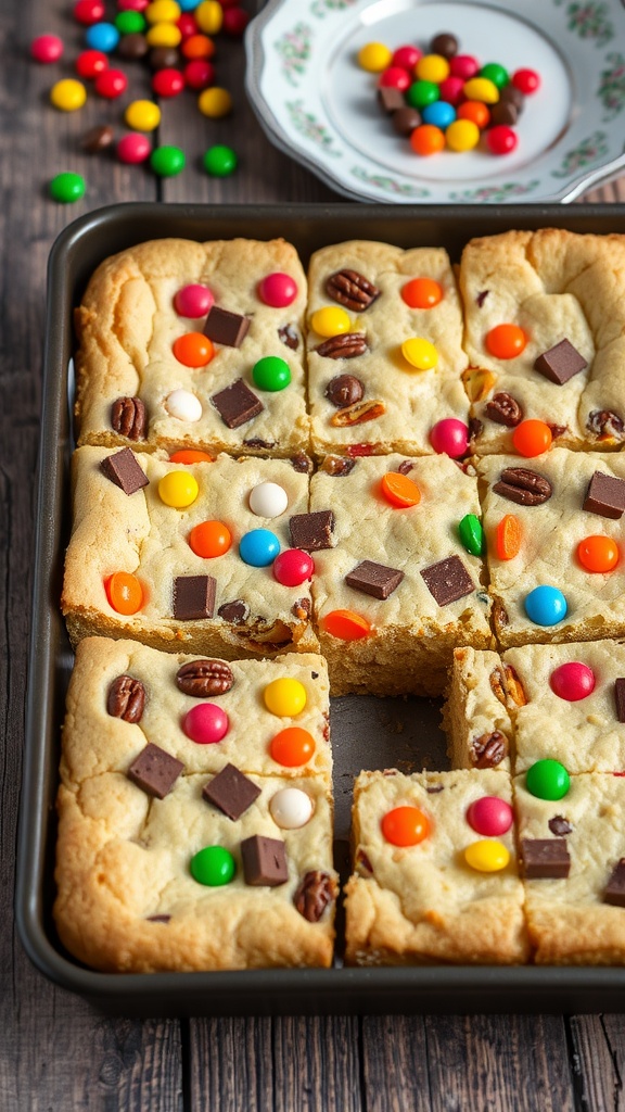 A delicious array of shortbread bars topped with assorted candies, displayed on a rustic table.
