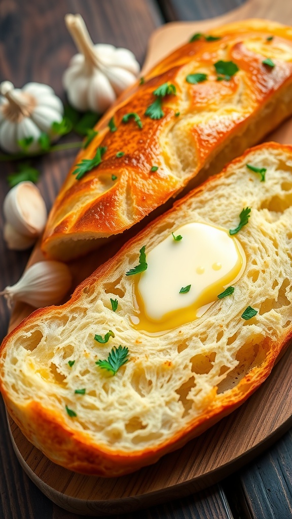 Sliced garlic butter bread with a golden crust, topped with parsley, on a wooden board with garlic cloves.