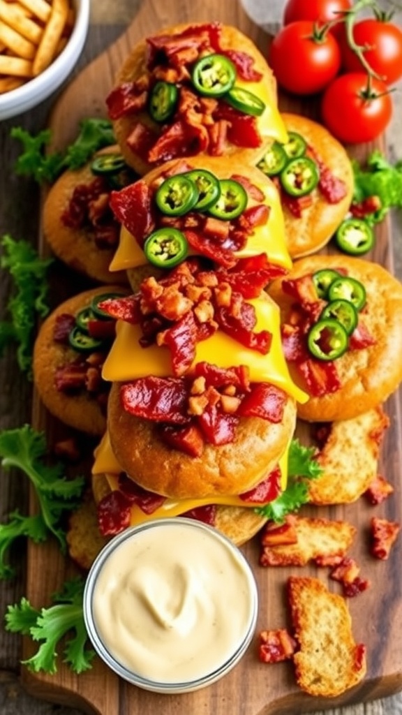 Delicious Jalapeno Popper Smash Burgers with cheese and jalapenos, served with baconnaise sauce on a rustic platter.