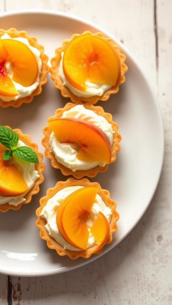 Mini peach and cream cheese tarts on a plate, garnished with mint.