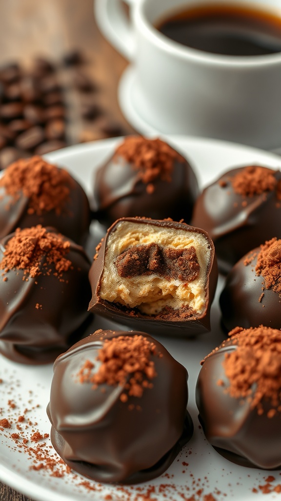 Delicious tiramisu truffles coated in cocoa powder with coffee beans and a cup of coffee in the background.
