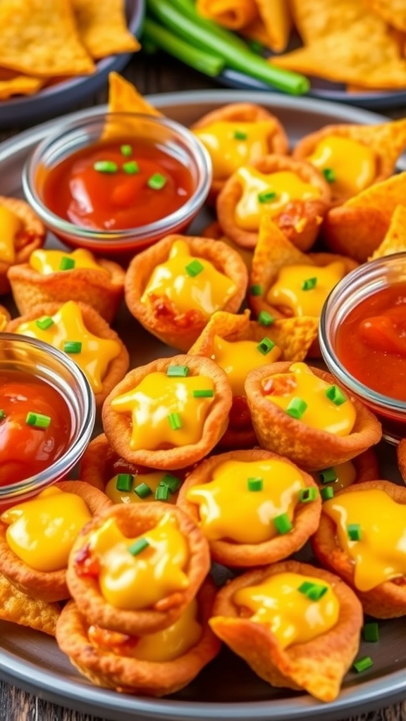 Cheese-stuffed Doritos bites on a platter with garnishes and salsa.