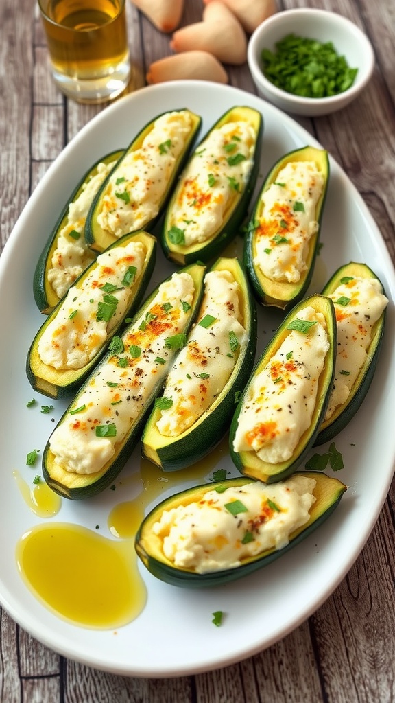 Stuffed zucchini boats filled with ricotta, topped with melted cheese and fresh herbs on a wooden table.