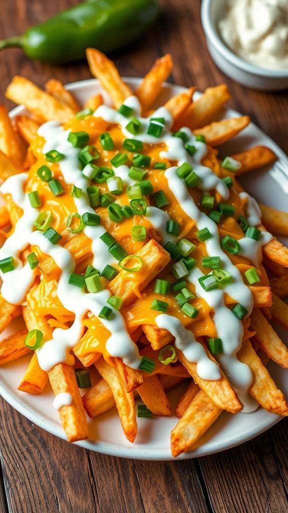 Crispy Voodoo Fries topped with cheese and ranch dressing on a rustic table.