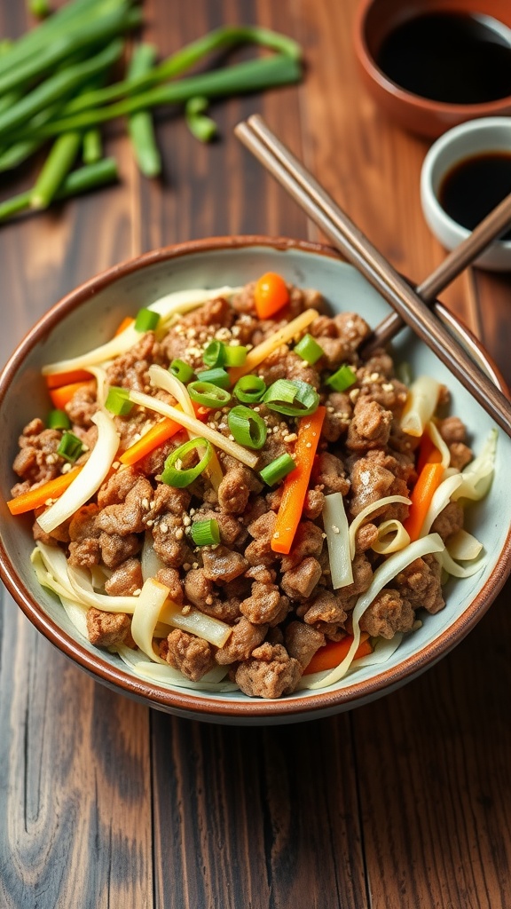 A vibrant bowl of egg roll in a bowl with cabbage, carrots, and ground meat, garnished with sesame seeds and green onions.