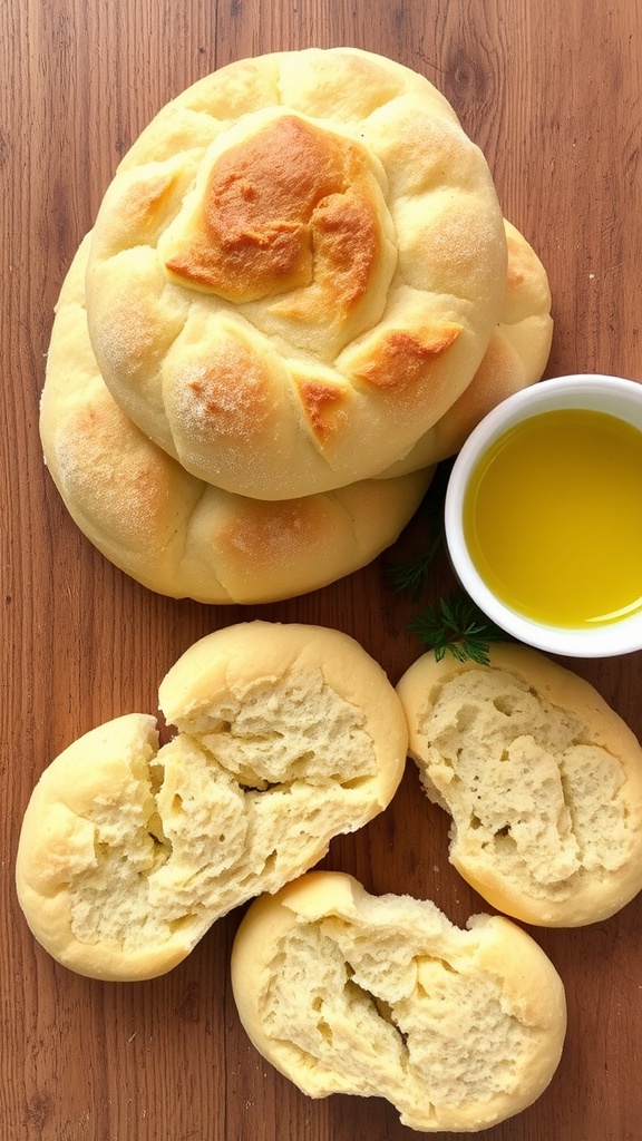 Golden fluffy cloud bread pieces on a wooden table with a bowl of olive oil and fresh herbs.
