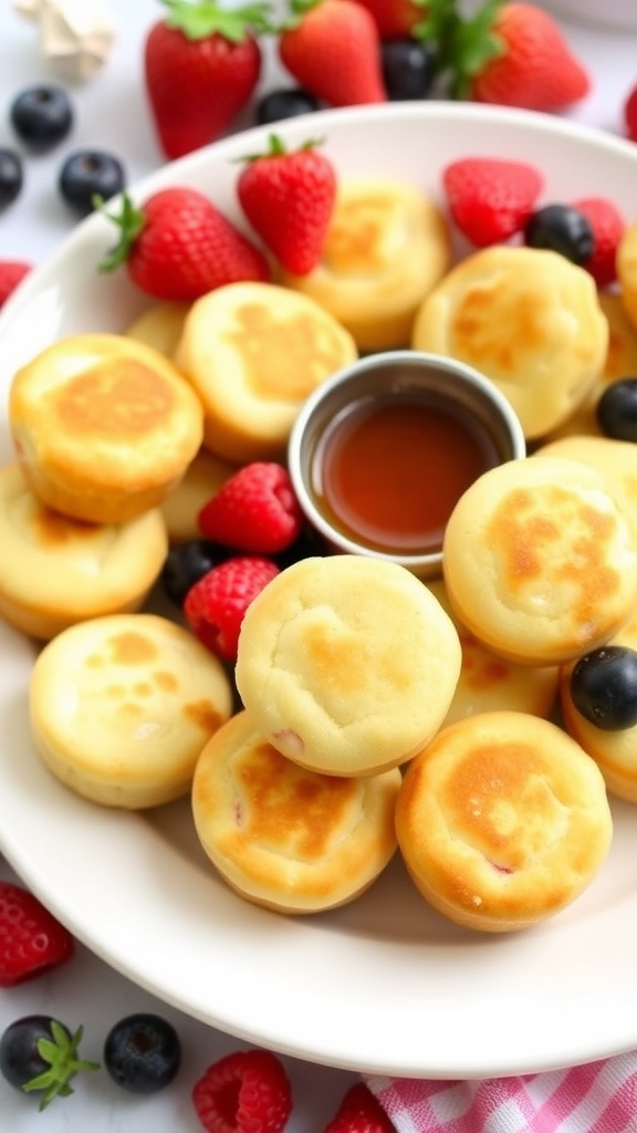 A colorful plate of mini pancake muffins with fresh berries and syrup, ideal for kids