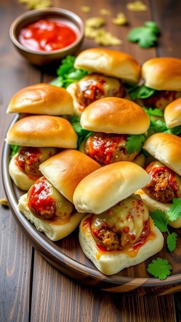 A delicious spread of nduja meatball sliders with melted cheese and greens on a rustic table.