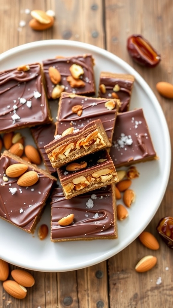 Healthy Date Snickers Bars on a rustic plate, garnished with salt and surrounded by almonds and dates.