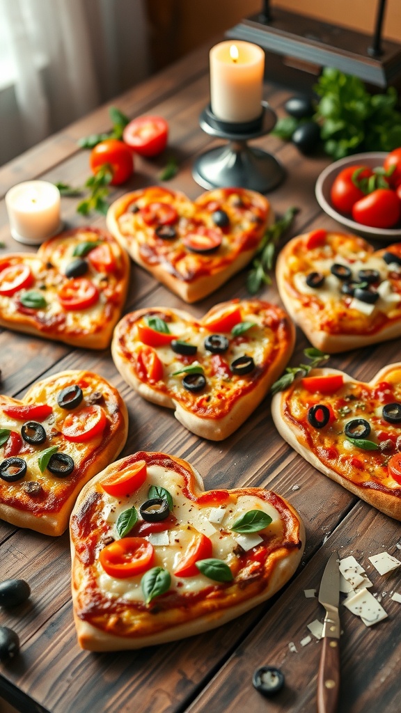Heart-shaped pizzas with various toppings on a wooden table, set for a Valentine