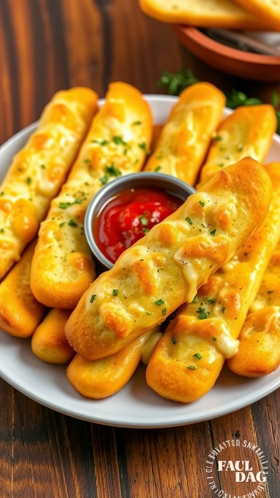 Cheesy garlic breadsticks on a plate with marinara sauce, garnished with herbs.