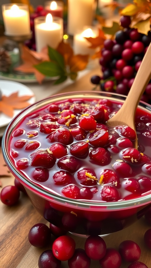 A bright cranberry-orange sauce in a glass bowl with cranberries and orange zest, decorated for the holidays.