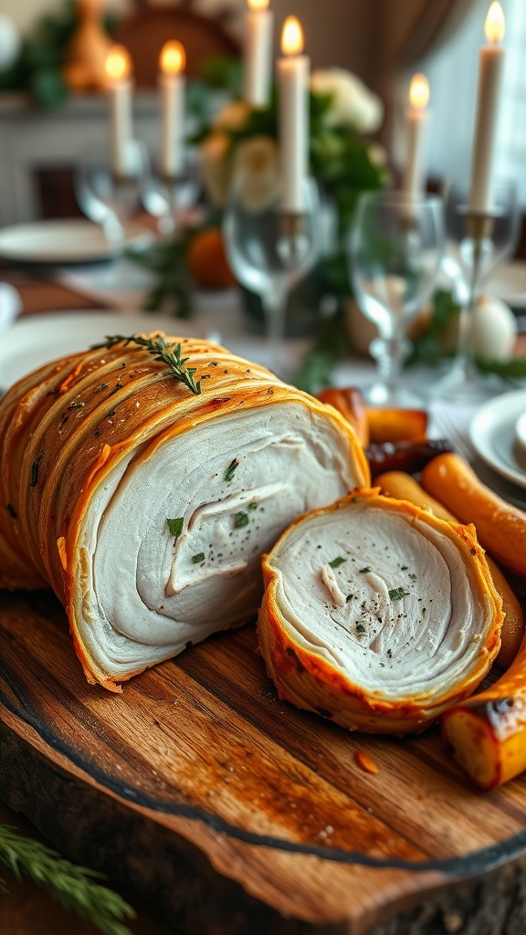Sliced Porchetta-Style Turkey Breast on a platter with crispy skin and herbs, accompanied by roasted vegetables.