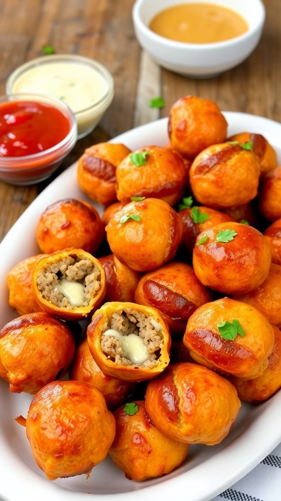 Golden brown cheesy sausage balls on a platter, garnished with herbs and served with dipping sauces.