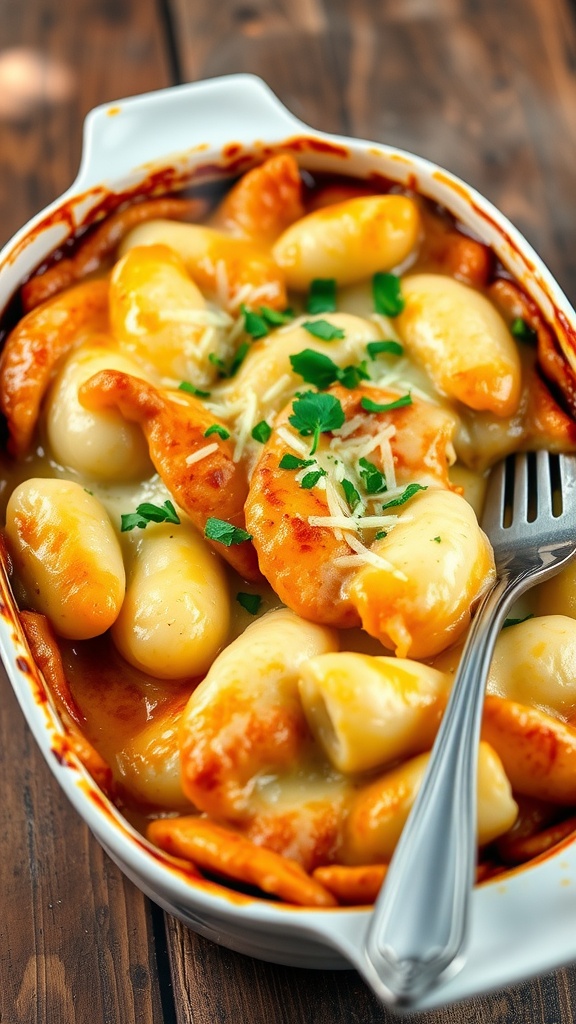 Baked gnocchi al forno with melted cheese and parsley on a wooden table.