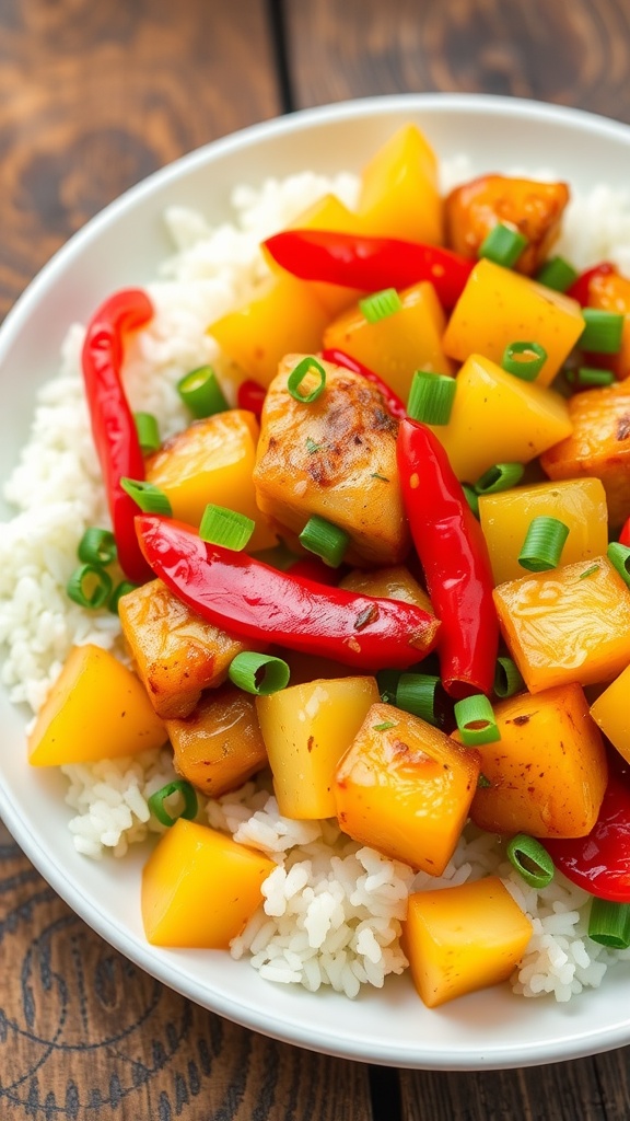 A colorful pineapple chicken stir fry with rice, featuring bell peppers and garnished with green onions, on a rustic wooden table.