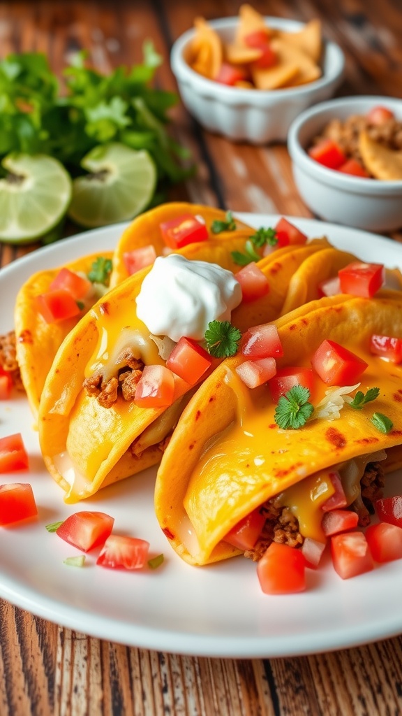 Crispy cheesy pocket tacos filled with seasoned meat, topped with lettuce and tomatoes, served with sour cream.