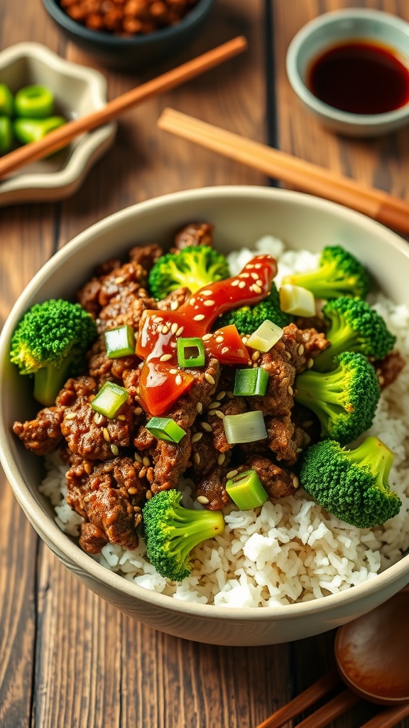 Teriyaki Ground Beef and Broccoli Bowl with rice, garnished with sesame seeds and green onions.
