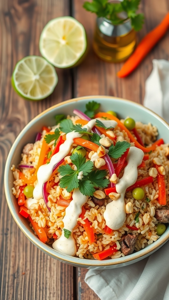 Crispy rice salad with fresh vegetables and satay dressing, garnished with peanuts and cilantro on a wooden table.