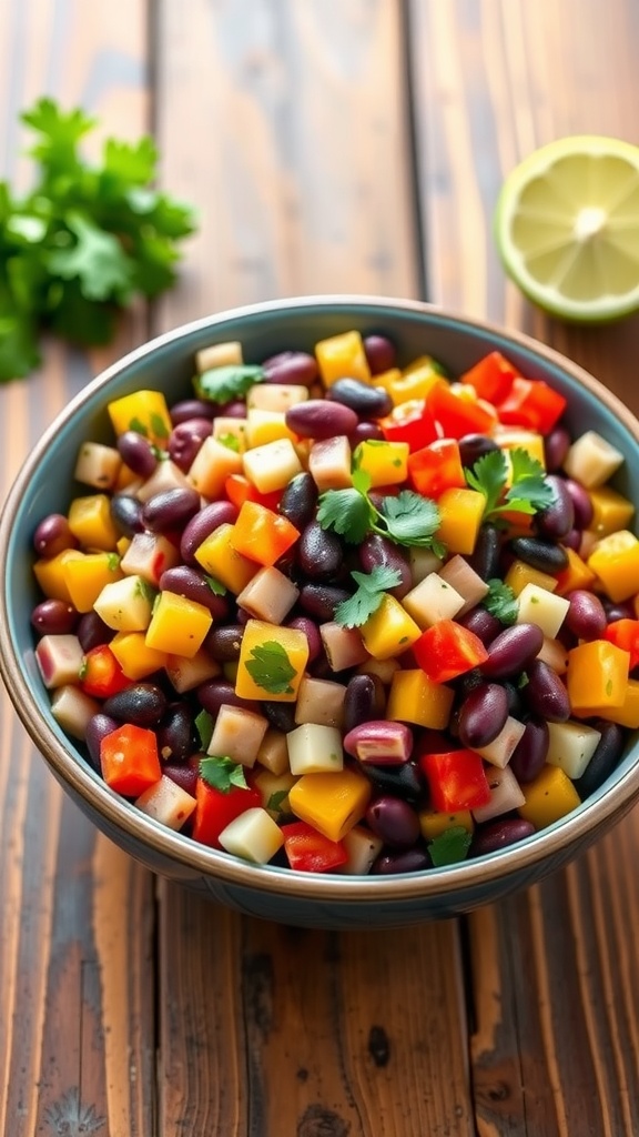 A colorful Mexican Three Bean Salad with black beans, kidney beans, garbanzo beans, bell peppers, and cilantro on a rustic wooden table.