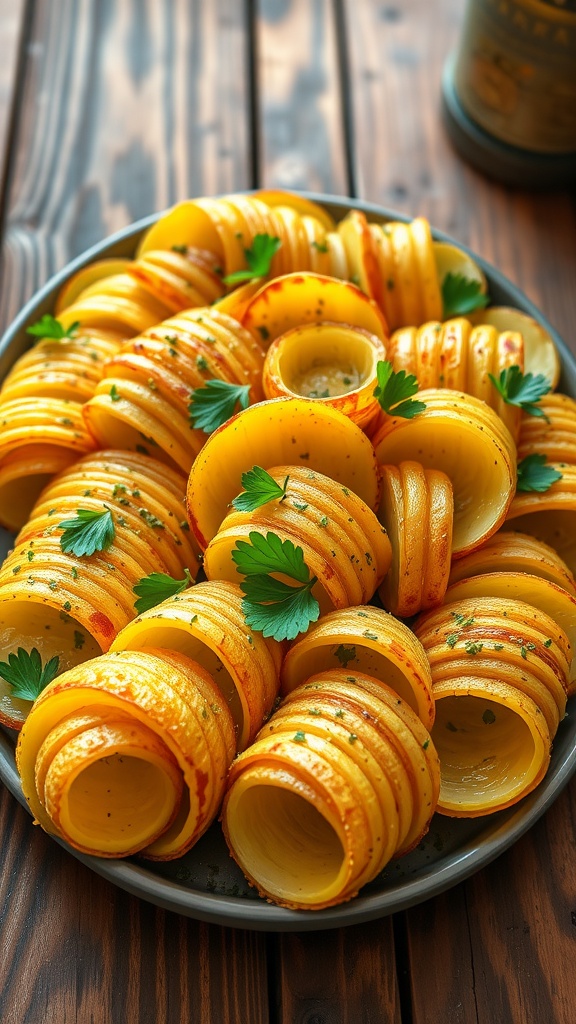 A platter of golden accordion potatoes with crispy edges and fresh herbs on a rustic wooden table.