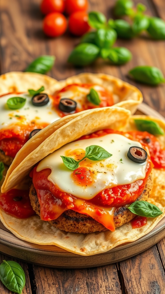 Gourmet pizza burgers on tortilla wraps with melted cheese and colorful toppings.