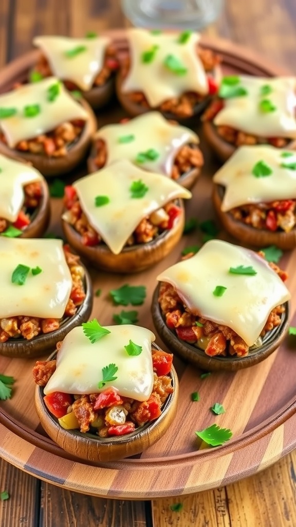 A delicious array of stuffed portabella mushrooms filled with ground beef, onions, and melted cheese, garnished with parsley on a wooden table.