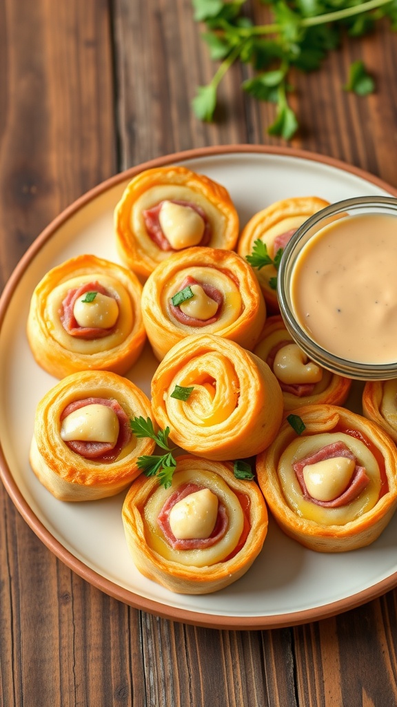 Baked ham and cheese pinwheels on a plate with dipping sauce, garnished with fresh herbs.