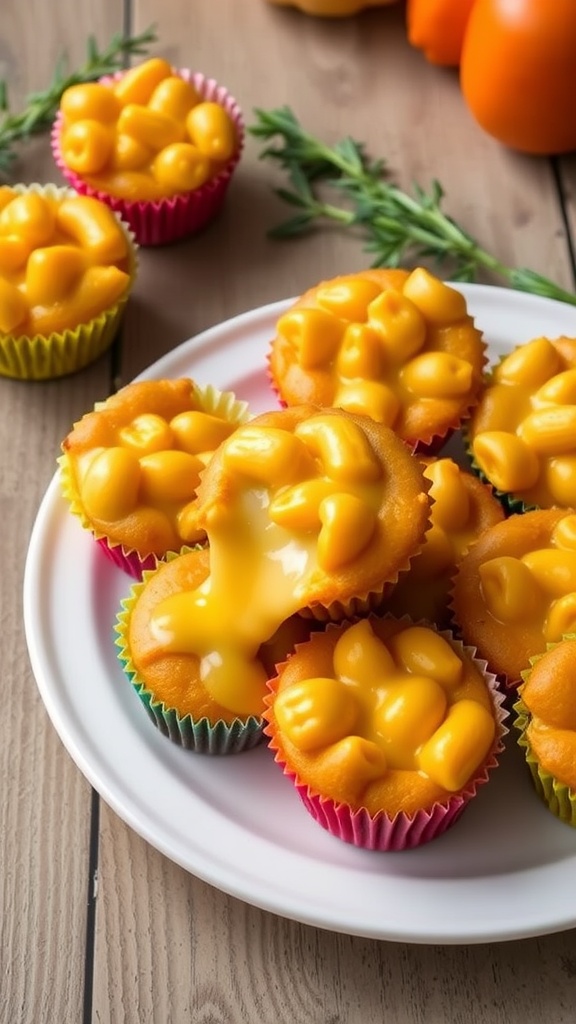 Golden pumpkin mac & cheese cups in colorful liners, served on a rustic wooden table.