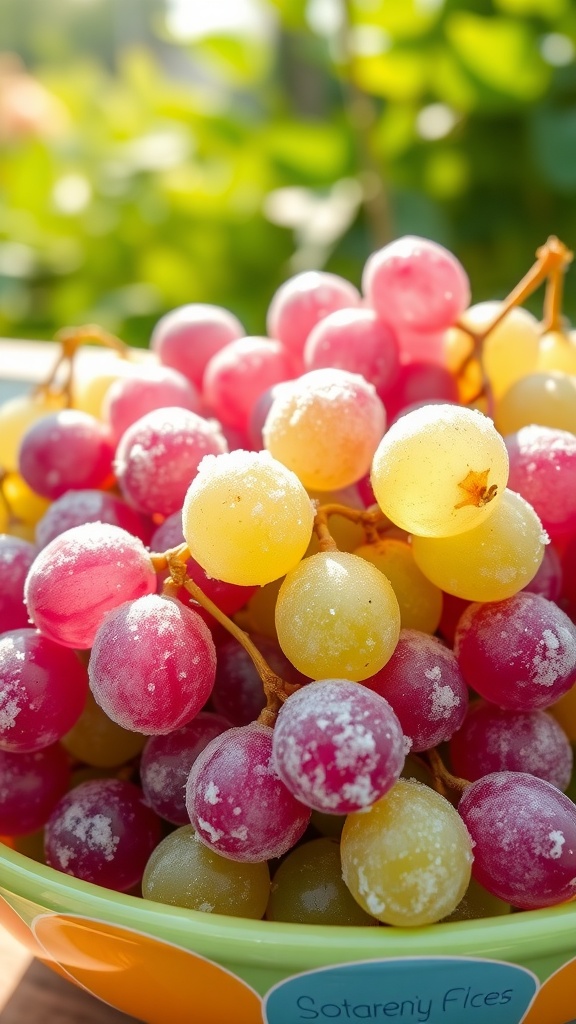A bowl of frozen candy grapes, glistening with sugar, on a bright surface.
