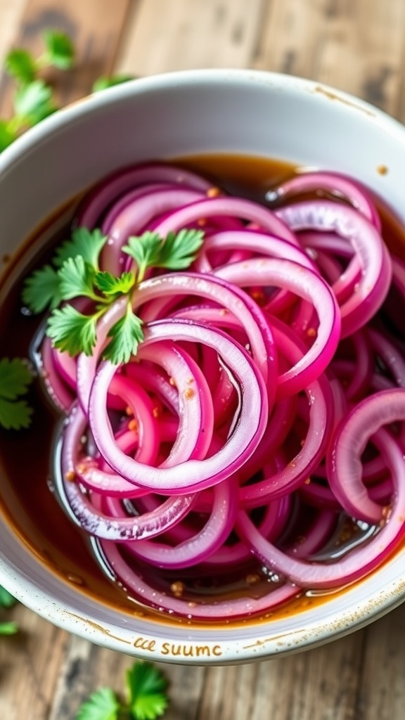 A bowl of tangy sumac marinated red onions garnished with parsley on a rustic table.