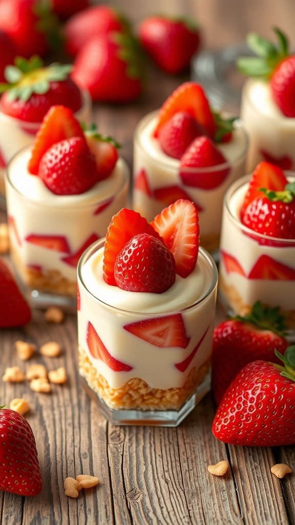 Strawberry Cheesecake Crunch Cups layered with cheesecake, strawberries, and graham cracker crunch.